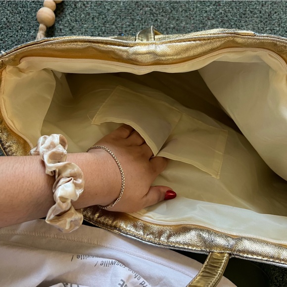 Color-block Shiny Metallic Silver & Gold Medium Large Tote Bag Pockets Laptop - Picture 9 of 16